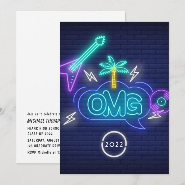 Yellow Retro Music Neon Signs Graduation Party Inv Invitation (Front/Back)