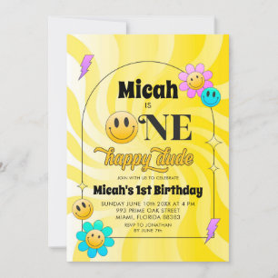 Yellow Retro One Happy Dude Birthday Invitation