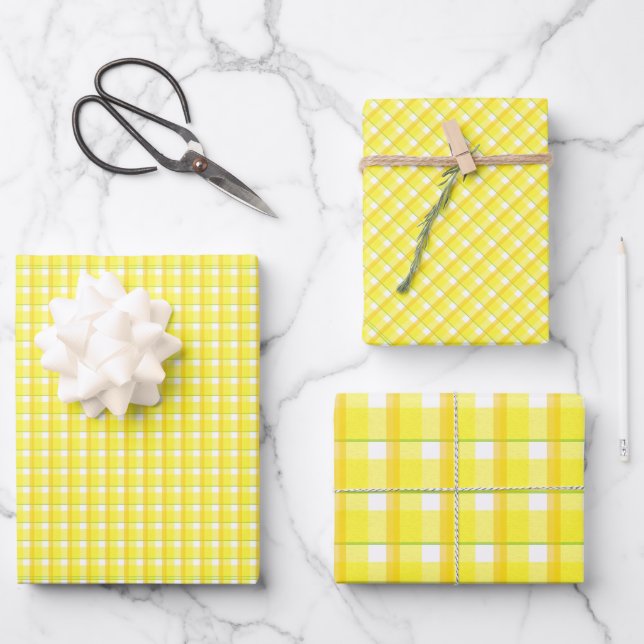 Yellow Retro Plaid Pattern Wrapping Paper Sheet (Front)