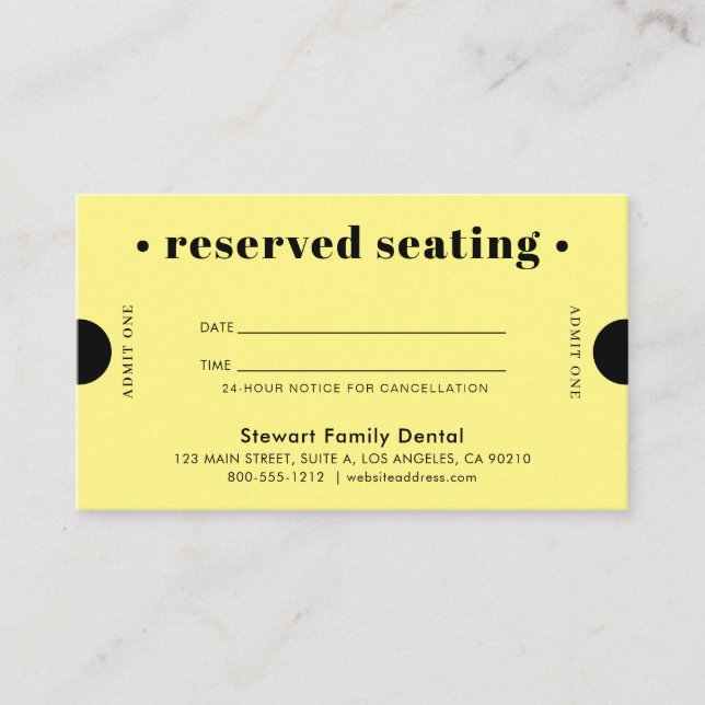 Yellow Retro Reserved Seating Dental Appointment Card (Front)