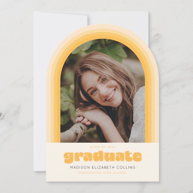 Yellow Retro Striped Arch Graduation Announcement (Front)