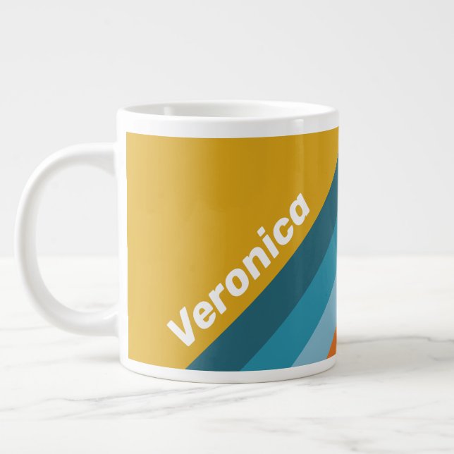 Yellow Retro Stripes with Name Large Coffee Mug (Left)