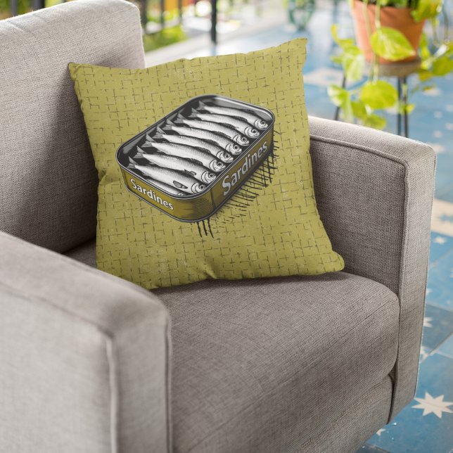 Yellow Retro Style Sardine Art Funny Fish Food   Cushion (Creator Uploaded)