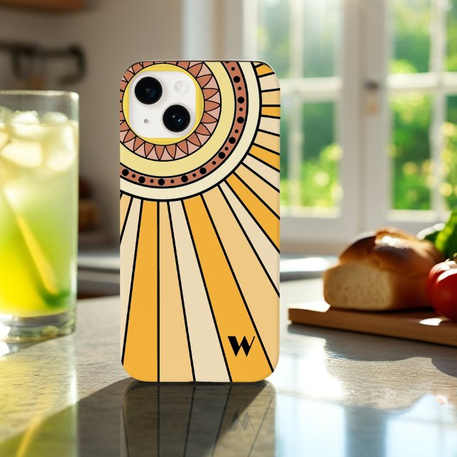 Yellow Retro sun rays Custom monogram letter iPhone Case (Creator Uploaded)