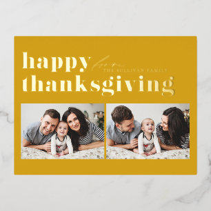 Yellow Retro Typography Happy Thanksgiving Photo  Foil Holiday Postcard