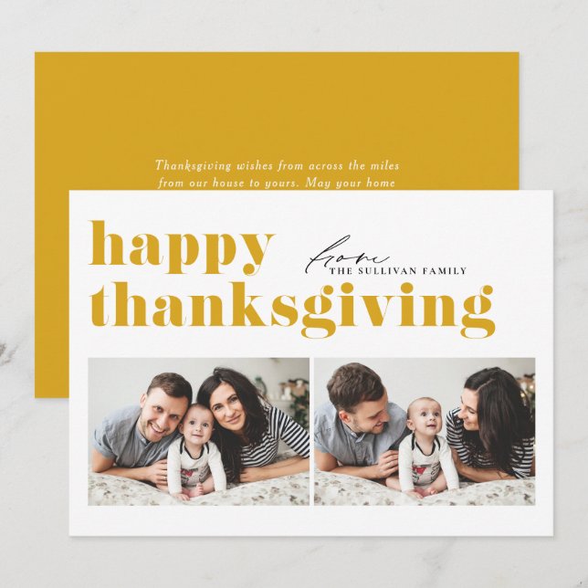 Yellow Retro Typography Photo Happy Thanksgiving Holiday Card (Front/Back)