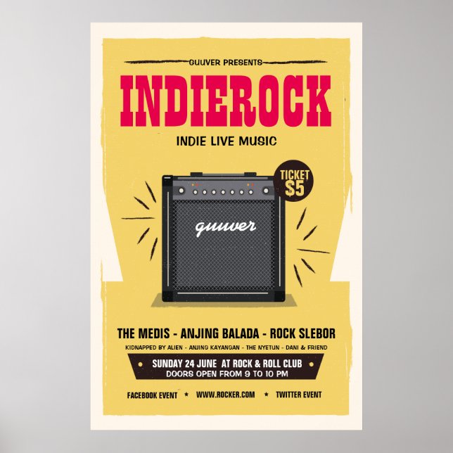 Yellow Retro Vintage Indie Rock Music Party Poster (Front)