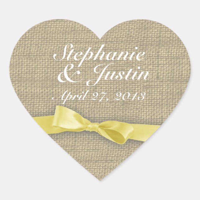 Yellow Ribbon and Burlap Heart Heart Sticker (Front)