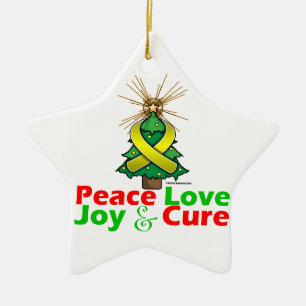 Yellow Ribbon Christmas Peace Love, Joy & Cure Ceramic Tree Decoration