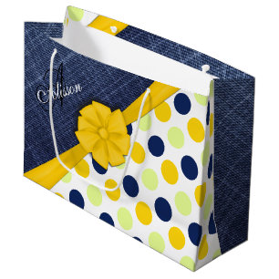 Yellow Ribbon, Jeans Fabric, Dots Pattern Monogram Large Gift Bag