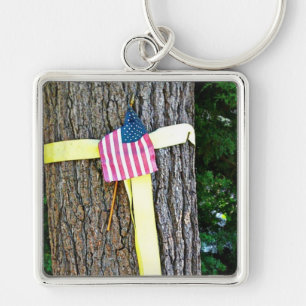 Yellow Ribbon Round Tree & U.S. Flag Keychain