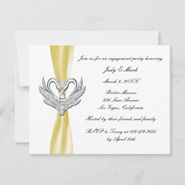Yellow Ribbon Silver Swans Engagement Party Invite (Front)