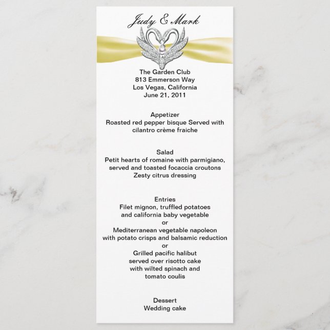 Yellow Ribbon Silver Swans Menu Card (Front)