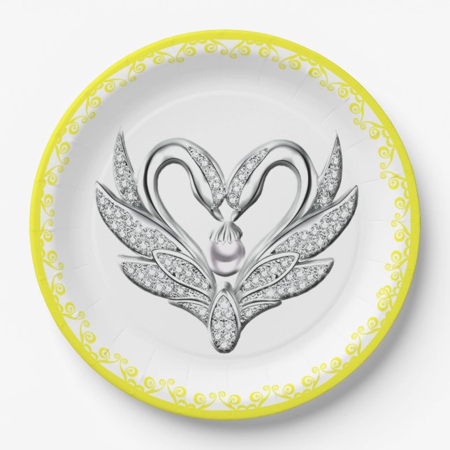 Yellow Ribbon Silver Swans Paper Plate (Front)