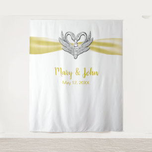 Yellow Ribbon Silver Swans Wedding Backdrop Tapestry