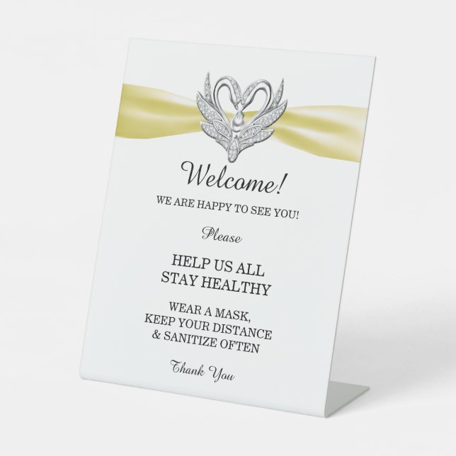 Yellow Ribbon Silver Swans Wedding Safety  Pedestal Sign (Front)