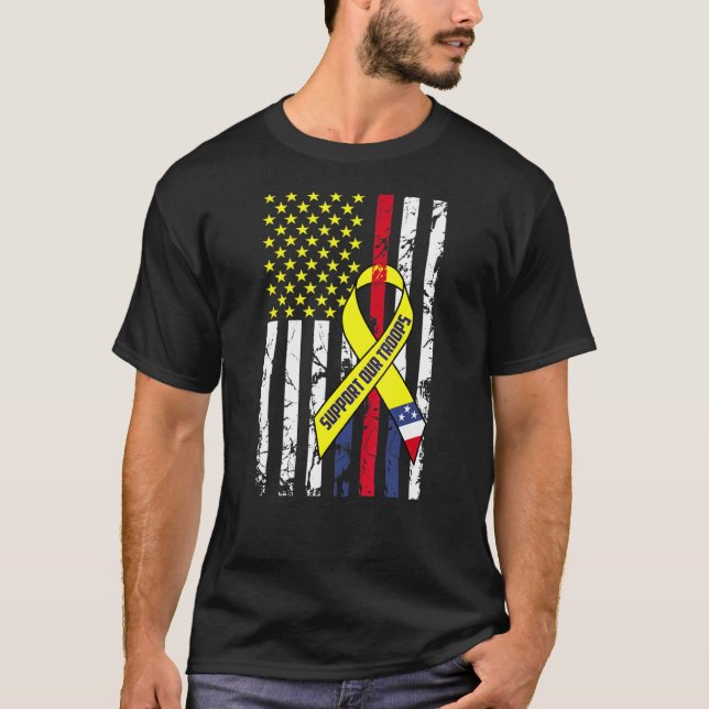 Yellow Ribbon Support Our Troops Veterans T-Shirt (Front)