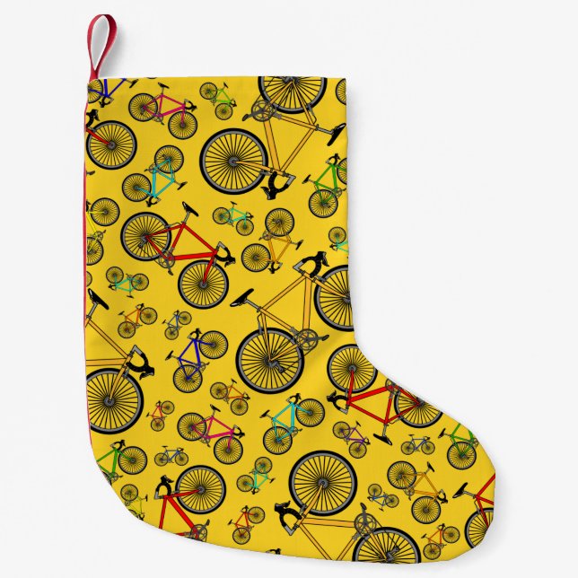 Yellow road bikes small christmas stocking (Front)