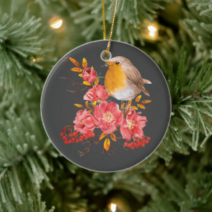 Yellow robin and red poppies ceramic tree decoration