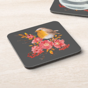Yellow robin and red poppies coaster