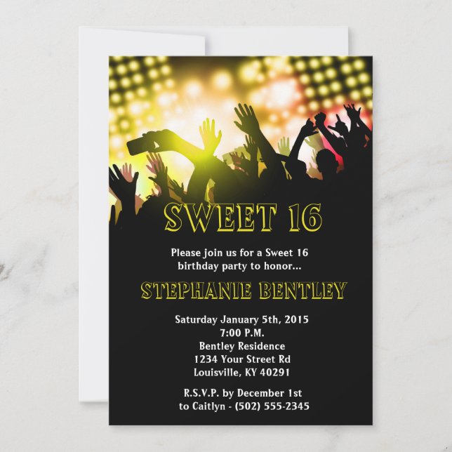 Yellow Rock Star Sweet 16 Birthday Invitation (Front)