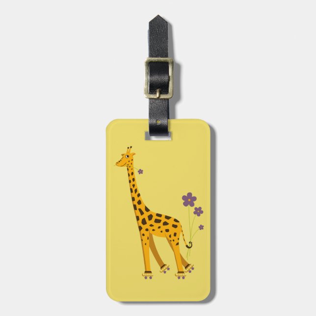 Yellow Roller Skating Cartoon Giraffe Personalised Luggage Tag (Front Vertical)