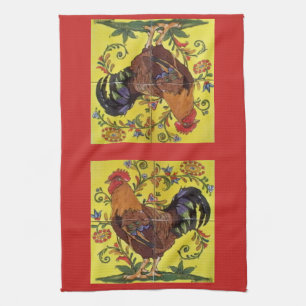 Yellow Rooster Chicken Red Folk Art Kitchen Towel