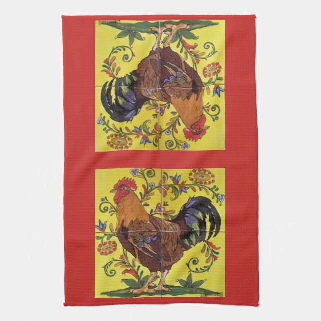 Yellow Rooster Chicken Red Folk Art Kitchen Towel (Vertical)