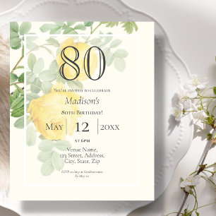 Yellow Rose 80th Budget Birthday Invitation