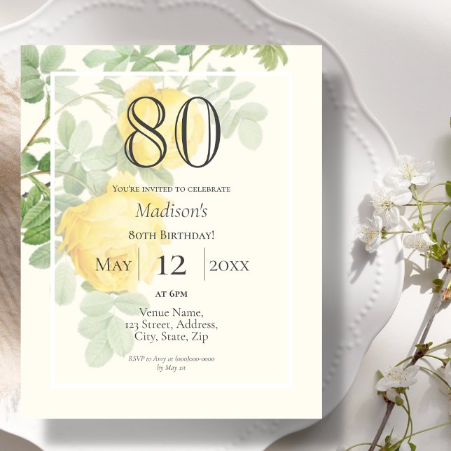 Yellow Rose 80th Budget Birthday Invitation (Creator Uploaded)