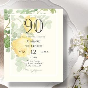 Yellow Rose 90th Budget Birthday Invitation