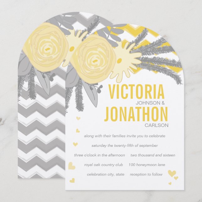 Yellow Rose and Ferns Gray Zig Zag Wedding Invitation (Front/Back)