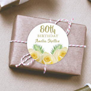 Yellow Rose and Leaves Floral 80th Birthday  Classic Round Sticker