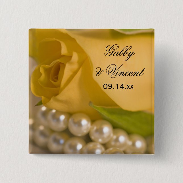 Yellow Rose and White Pearls Wedding 15 Cm Square Badge (Front)
