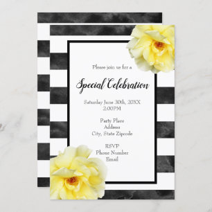 Yellow Rose, Black and White Watercolor Stripes Invitation