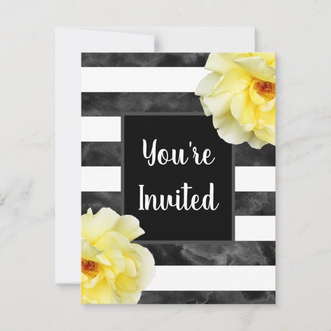 Yellow Rose, Black White Watercolor Stripes Invitation (Front)