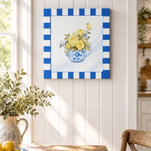 Yellow Rose Blue and White Teapot Chequered Border Poster