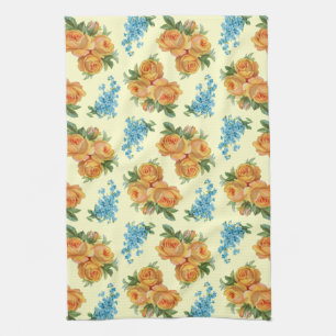 Yellow Rose Blue Flowers Vintage Pattern Towel