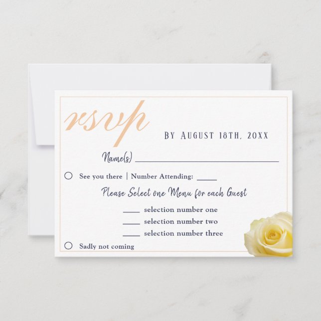 Yellow Rose Blue Wedding Menu Choice RSVP Card (Front)