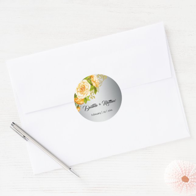 Yellow Rose Bouquet Silver Wedding Classic Round Sticker (Envelope)