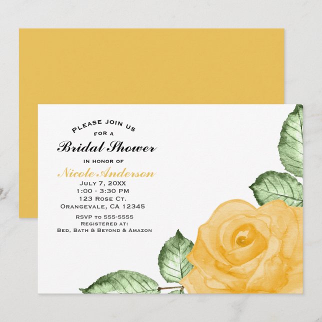 Yellow Rose Bridal Shower Elegant Party Invitation (Front/Back)