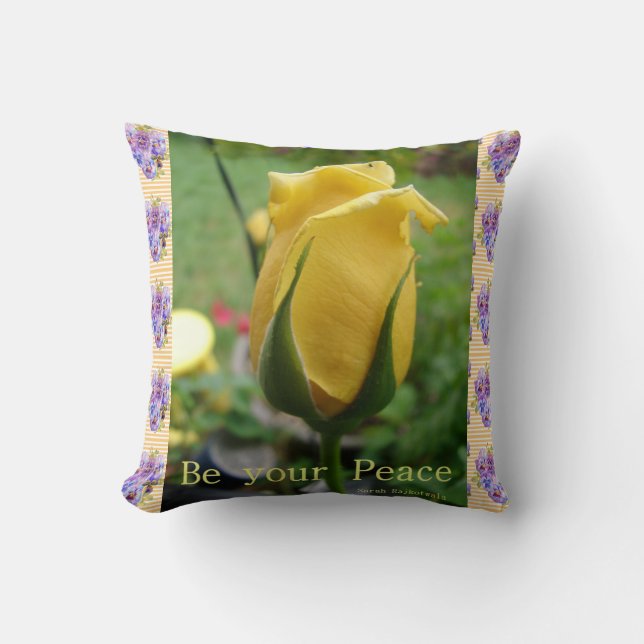 Yellow Rose Bud Peace Inspiration Quote Cushion (Front)