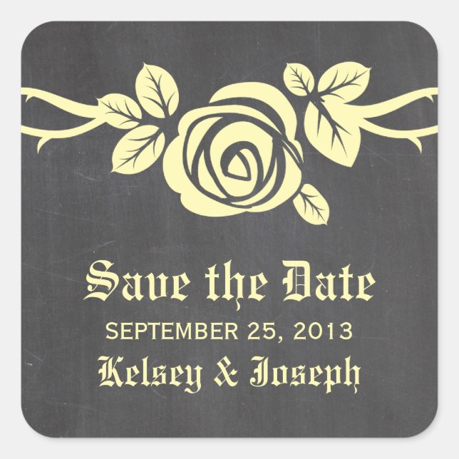 Yellow Rose Chalkboard Save the Date Stickers (Front)