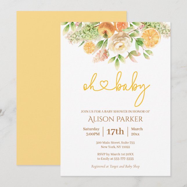 Yellow Rose Citrus Floral Elegant Girl Baby Shower Invitation (Front/Back)