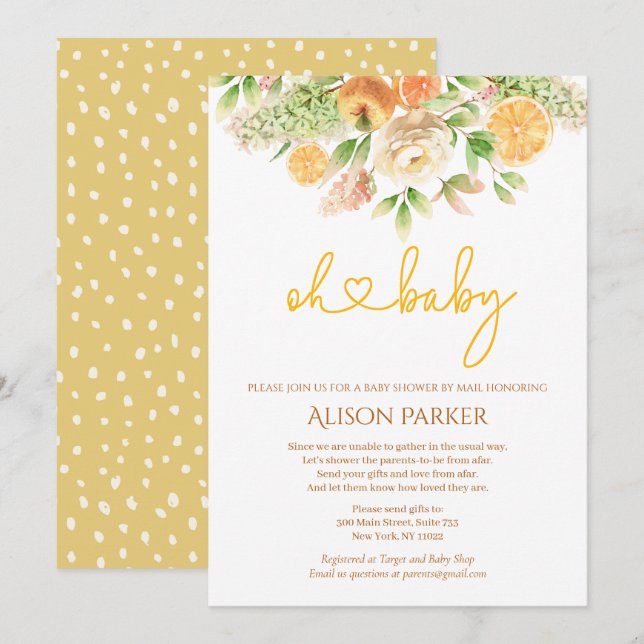Yellow Rose Citrus Floral Girl Baby Shower by Mail Invitation (Front/Back)