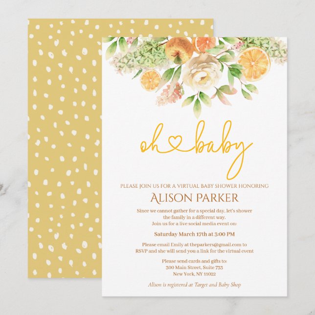 Yellow Rose Citrus Floral Girl Virtual Baby Shower Invitation (Front/Back)