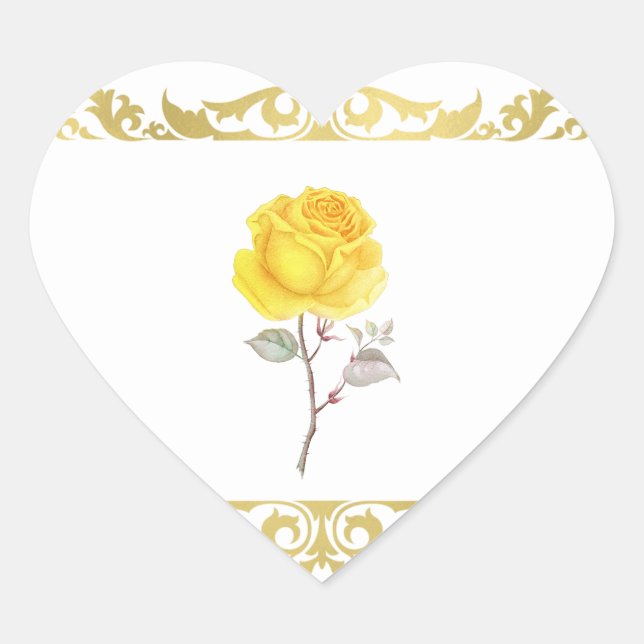 Yellow Rose & Elegant Gold Birthday Party Favour Heart Sticker (Front)