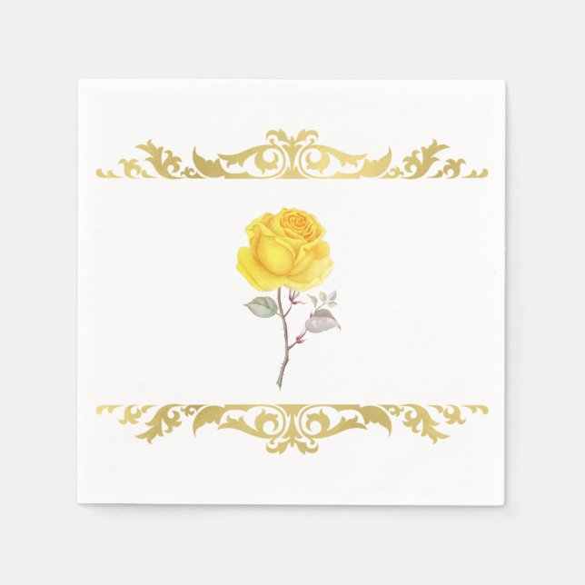 Yellow Rose & Elegant Gold Birthday Party Napkin (Front)