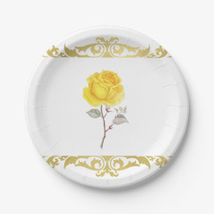 Yellow Rose & Elegant Gold Birthday Party Paper Plate
