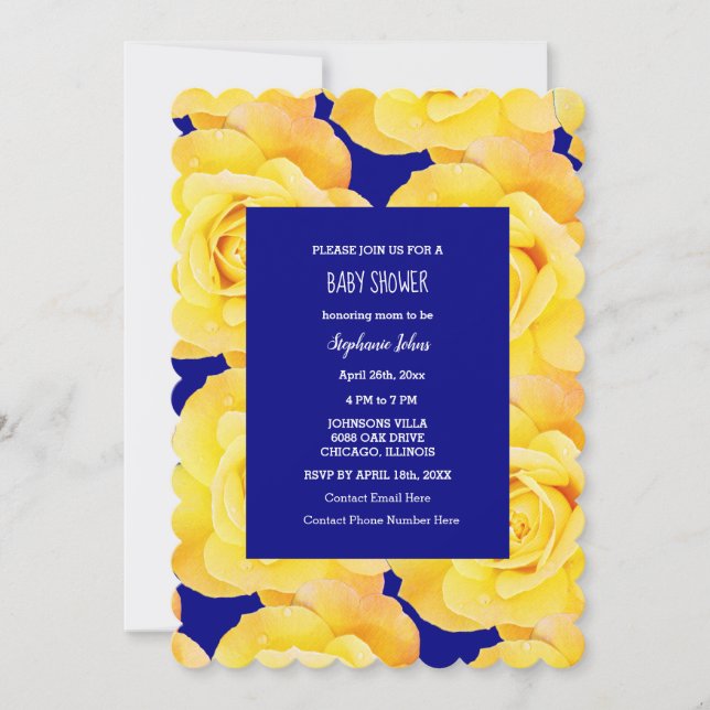 Yellow Rose Floral Baby Shower Baby Girl Navy Blue Invitation (Front)